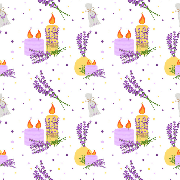 Seamless pattern with lavender flowers, with flowers in a vase, candles. Floral pattern for tablecloth wallpaper, craft paper.Vector illustration - Διάνυσμα, εικόνα