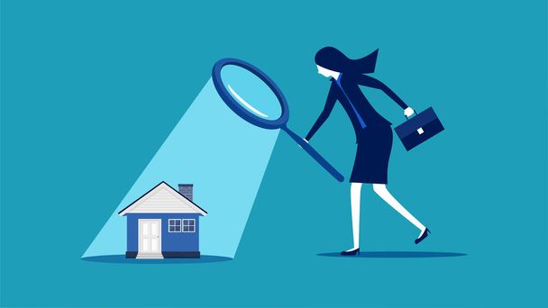 Analiza nieruchomości. businesswoman patrząc na dom z wektorem szkła powiększającego - Wektor, obraz