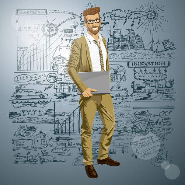 Hipstar Man With Laptop in Hands - Vector, Image