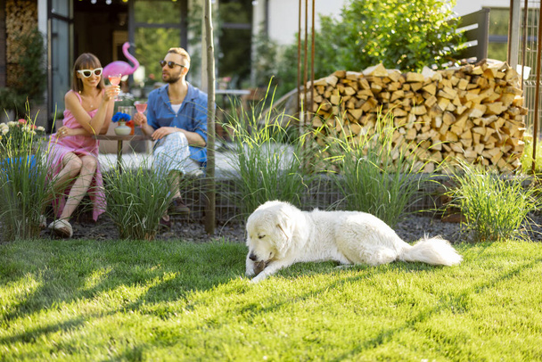 Young stylish couple have a drink while sitting together with dog on a lawn at their beautiful backyard of country house. Young man and woman spend summer time - 写真・画像