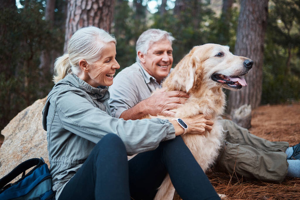 a senior couple out hiking with their dog. - Foto, Imagen