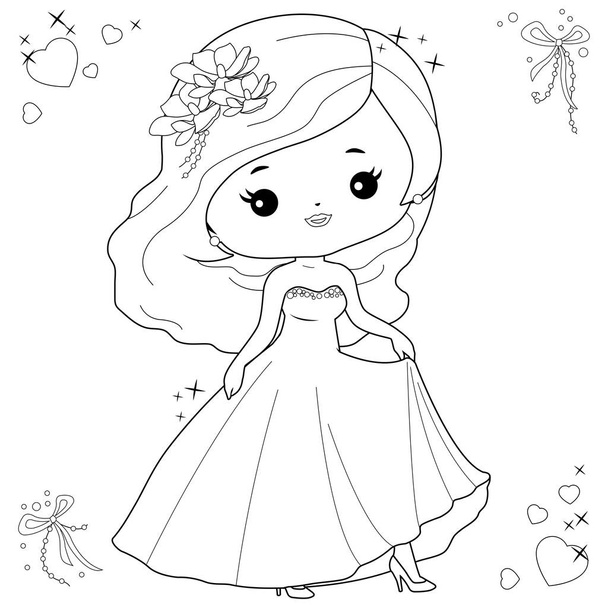 Beautiful bride in a cute wedding dress. Vector black and white coloring page - Vector, Imagen