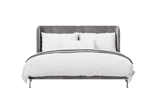 Beyaz arka planda çift kişilik yatak. Ön manzara. Modern mobilyalar. Gri ve beyaz yatak. Çağdaş tarzda güzel bir yatak. 3B görüntüleme - Fotoğraf, Görsel