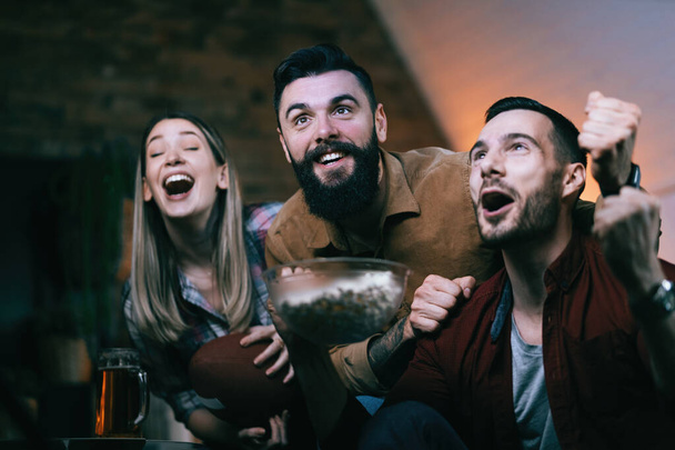 Group of cheerful friends watching sports championship on TV and cheering for their team at home. - 写真・画像