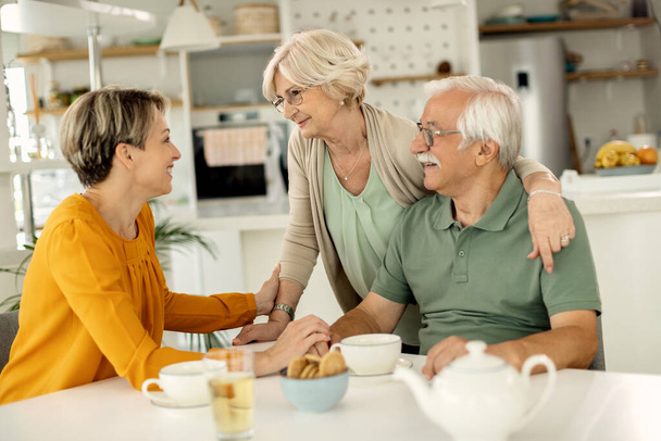 Happy woman visiting her senior parents and communicating with them at home.  - 写真・画像