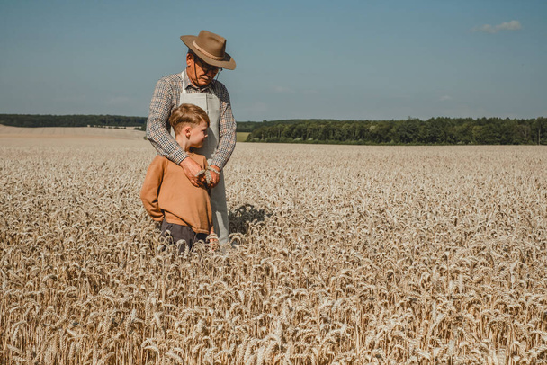 An old baker with grandson watching the wheat harvest in the field. Person dressed hat apron, organic healthy food concept. Baking family business. outdoors. High quality photo - Zdjęcie, obraz