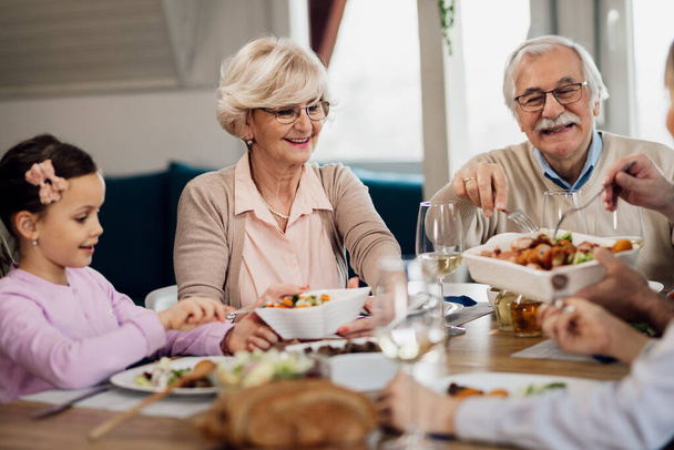Щаслива старша пара насолоджується сімейним обідом в їдальні
.  - Фото, зображення