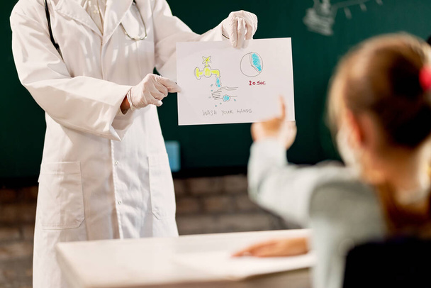 Unrecognizable doctor showing a drawing of proper hand washing to school children in the classroom due to coronavirus pandemic.  - Photo, Image