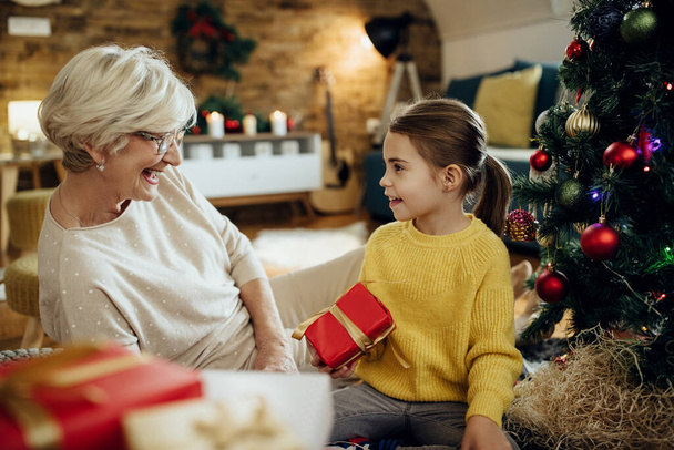 Happy granddaughter and grandmother exchanging gifts on Christmas at home. - Fotoğraf, Görsel