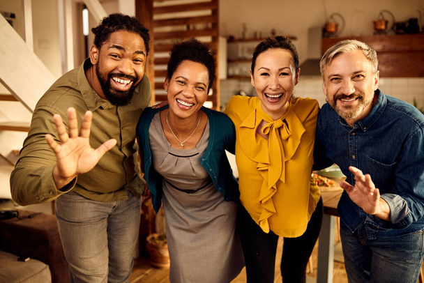 Portrait of happy multiracial people having fun together and waving to camera. - Φωτογραφία, εικόνα