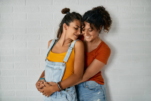 Happy female couple standing embraced against the wall. - Photo, image