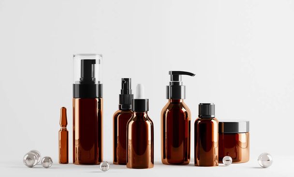Different Cosmetic Amber Glass Bottles. Foam, Dispenser, Dropper, Cream jar, Ampoule mockup on a light background. - Foto, afbeelding