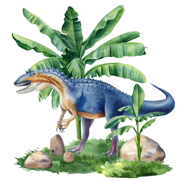 Akwarelowy dinozaur izolowany na białym tle. Dinozaur na krajobrazie z palmami natury. Wysokiej jakości ilustracja - Zdjęcie, obraz
