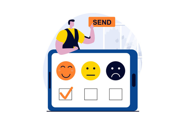 Feedback page concept with people scene in flat cartoon design. Man sends his assessment and chooses positive emoticon in online form. Customer satisfaction. Vector illustration visual story for web - Vector, Image