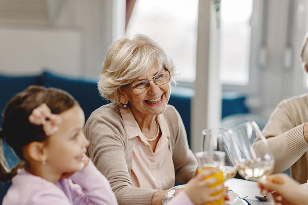 Happy mature woman having fun with her family while toasting during a meal at dining table.  - Foto, imagen