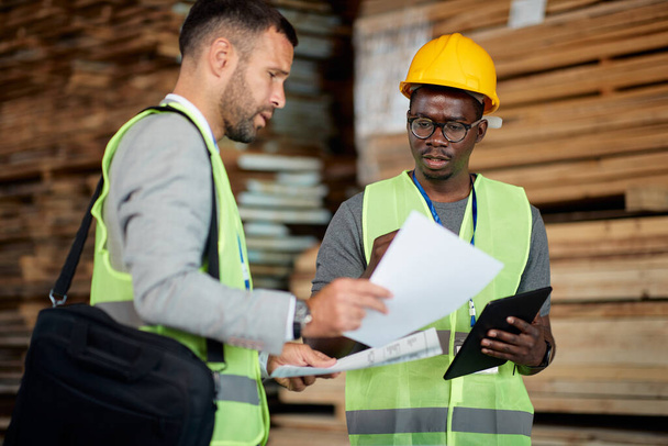 Young black worker and warehouse inspector cooperating while analyzing paperwork at lumber department. - Foto, Bild