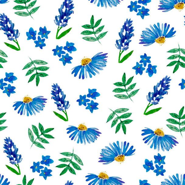 Akwarela ręcznie rysowane proste kwiaty, kwitnący wzór, różne dzikie kwiaty, odizolowane tło, niebieski rumianek, żółty, botaniczne tło, wielokolorowe kwiaty, projekt tkaniny - Zdjęcie, obraz