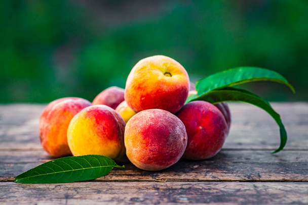 Group fresh peaches wood TABLE green natural background, (Prunus persica)  Harvest for food Delicious outdoors sunny day, Fresh ripe leaf, summer sunny garden juicy organic  sweet fruit, vegan food sunrise - Zdjęcie, obraz