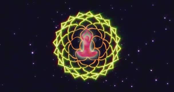 Looped animation of enlightenment with multi-colored energy of chakra aura fields forming divergent patterns of the symbolic lotus and the Indian sign OM. Video for VJing. High quality 4k footage - Materiał filmowy, wideo