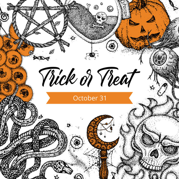 Trick Or Treat Dotwork Poster. Vector Illustration of Handdrawn Tattoo Sketch Concept. - ベクター画像