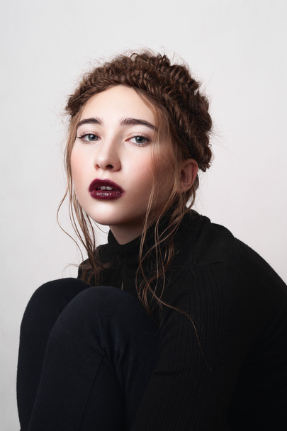 Female model with dark red lips - Фото, зображення