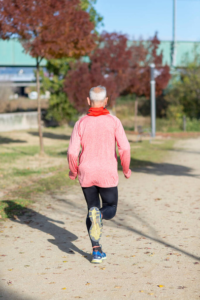 Takanäkymä Senior Man lenkkeily puistossa - Valokuva, kuva