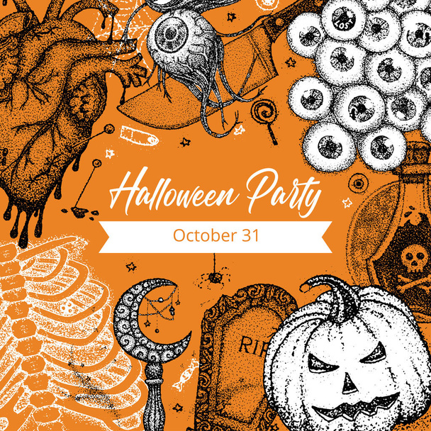 Halloween Party Dotwork Poster. Vector Illustration of Handdrawn Tattoo Sketch Concept. - Vecteur, image