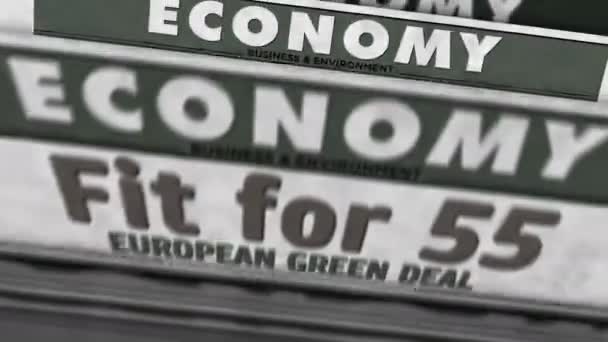 Fit for 55 European Green Deal and reduce the greenhouse gas emissions daily newspaper report printing. Abstract concept retro 3d seamless looped animation. - Filmati, video