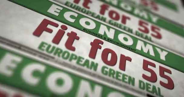 Fit for 55 European Green Deal and reduce the greenhouse gas emissions daily newspaper report printing. Abstract concept retro 3d seamless looped animation. - Footage, Video
