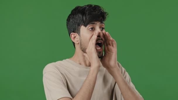 Arab young adult man guy talking whisper share secret privacy news speak loud shout confidential information covers mouth with hands pretending bullhorn yelling screaming standing on green background - Footage, Video