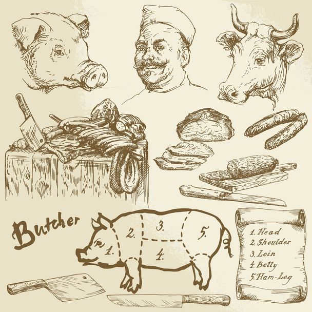 carne, carnicero - colección dibujada a mano
 - Vector, imagen
