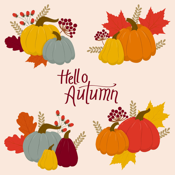 A set of pumpkins with foliage. Hello autumn set. Bright illustrations for greeting cards, posters, banners. - Vektor, Bild