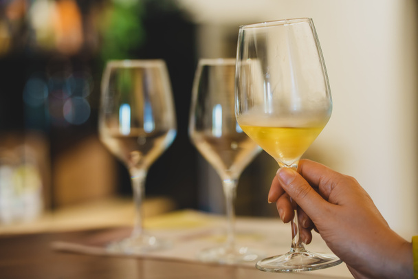 Žena ochutnává bílé víno ve vinařství. - Fotografie, Obrázek