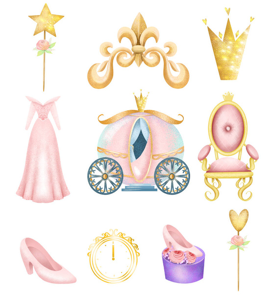 Conjunto de elementos de princesa conto de fadas, ilustração isolada em um fundo branco, clipart chuveiro bebê menina - Foto, Imagem