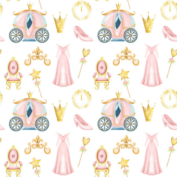 Seamless pattern of fairy tale princess elements, illustration on a white background - Fotó, kép
