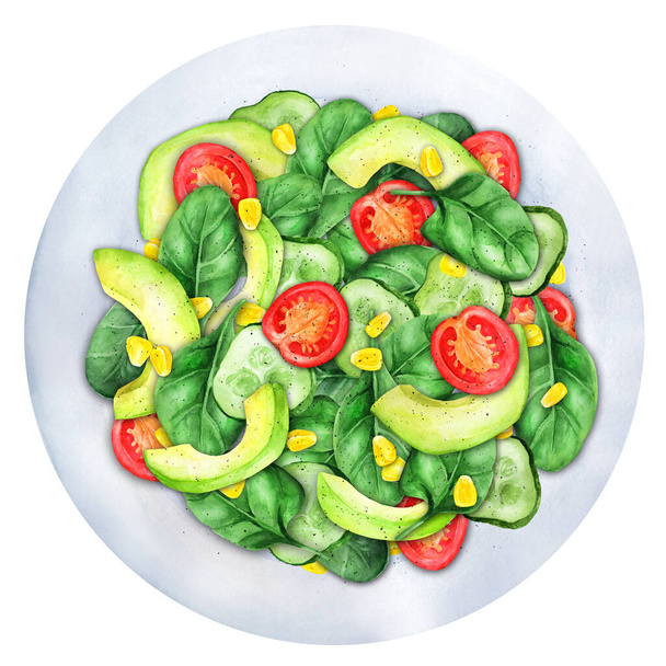 Vegetable salad with tomato, cucumber, avocado,  corn and spinach. Healthy and detox food concept. Ketogenic diet. Top view. Watercolor illustration. Suitable for menu and cookbook.  - Foto, Bild