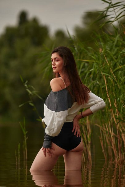 Attractive young brunette in a sweater and and black pantians posing on the reeds beach. Beach fashion, seductive woman resting near the water - Fotografie, Obrázek