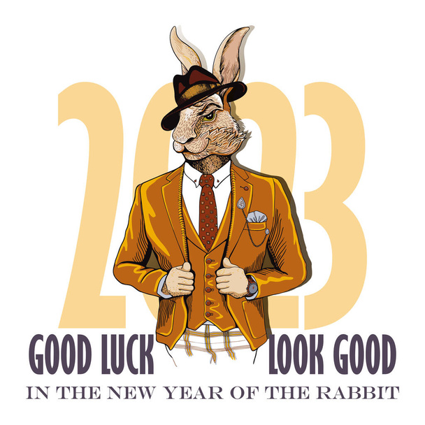 Portrait of a rabbit in fashionable clothes with a wish for the New Year. Good luck in the new year of the rabbit. Portrait of an animal in clothes to use in print souvenirs and on T-shirts - Vector, imagen