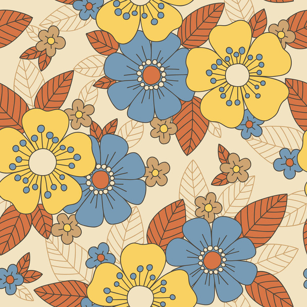 Colorful Orange, Yellow, Blue Large Scale Hand-Drawn Floral Vector Seamless Pattern. Retro 70s Style Nostalgic Fashion Textile Bold Background. Summer Resort Print. Daisies. Flower Power - Vecteur, image