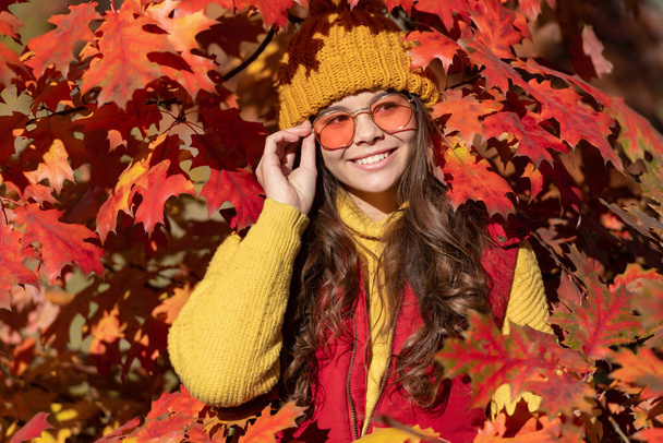Teen child girl on autumn fall leaves background. positive kid in sunglasses at autumn leaves on natural background. - Fotoğraf, Görsel