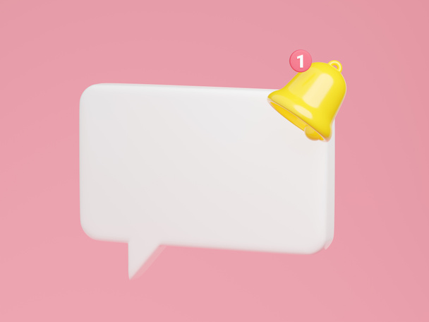 Notification bell on speech bubble with empty space for text 3d render. Cute cartoon illustration of simple yellow bell icon with banner for attention or to indicate new information and message. - 写真・画像