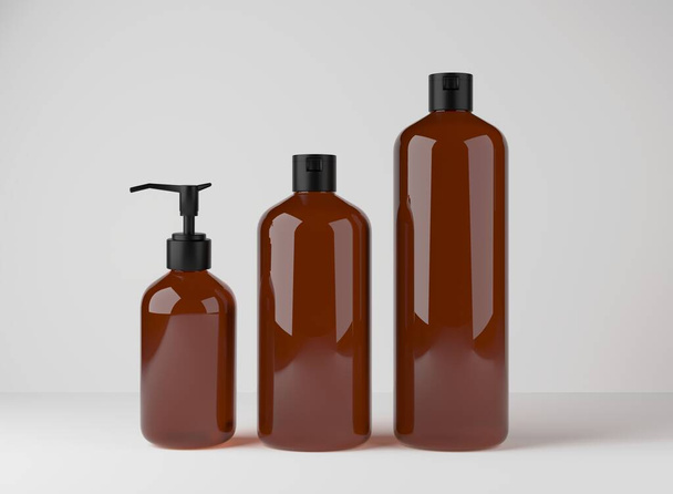Diferentes botellas de vidrio marrón para productos para el cuidado del cabello y el cuerpo 3D render, conjunto de envases cosméticos en fondo gris estudio, maqueta de embalaje para la marca y el diseño - Foto, Imagen
