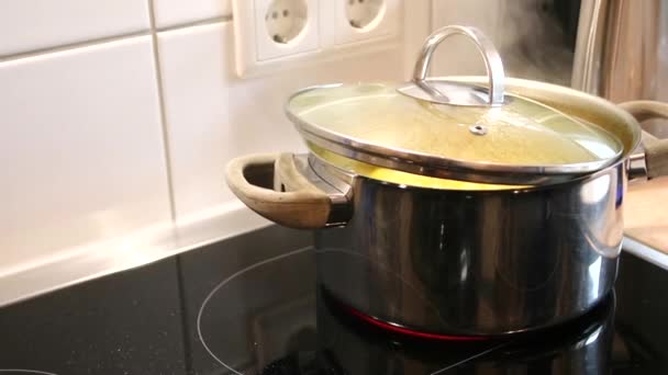 Big pot with boiling water and cooking potatoes for dinner as delicious meal for healthy eating and healthy lifestyle as traditional dish from vegetables on clean electric stove in low angle view - Felvétel, videó