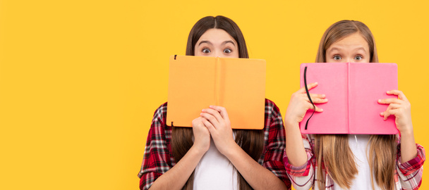 School girls friends. high school. friends girls with notebook. back to school. teens ready to study. Banner of schoolgirl student. School child pupil portrait with copy space - Foto, afbeelding