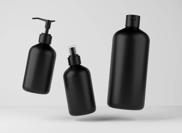 Três garrafas diferentes para cabelos e produtos de cuidados com o corpo renderização 3D, conjunto de recipientes cosméticos flutuantes em fundo de estúdio cinza, embalagem mockup para branding e design - Foto, Imagem