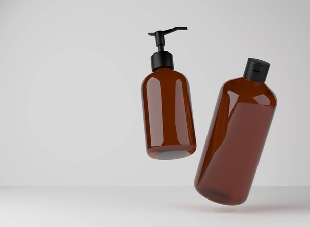 Two brown glass bottles for shower gel and liquid soap floating on studio background, 3D render of cosmetic product packaging for branding and identity design - Photo, Image