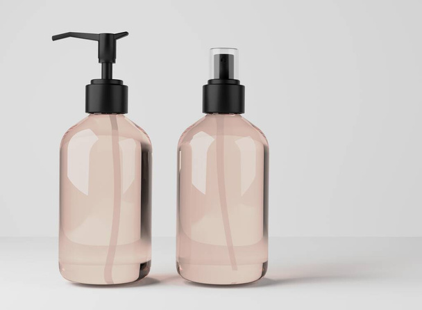 Different beige glass bottles for hair and body care products 3D render, set of cosmetic containers on gray studio background, packaging mockup for branding and design - Foto, Bild
