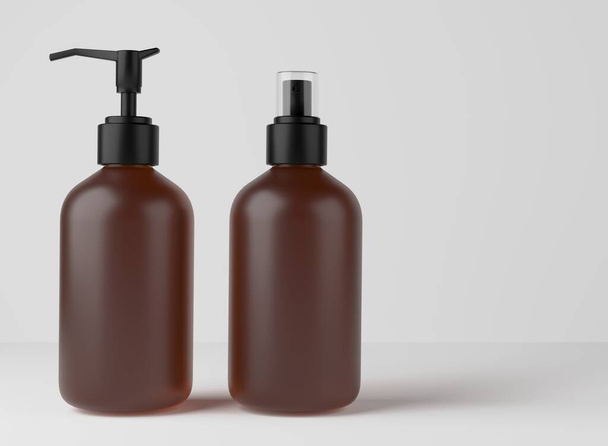 Different amber glass bottles for hair and body care products 3D render, set of cosmetic containers on gray studio background, packaging mockup for branding and design - Φωτογραφία, εικόνα