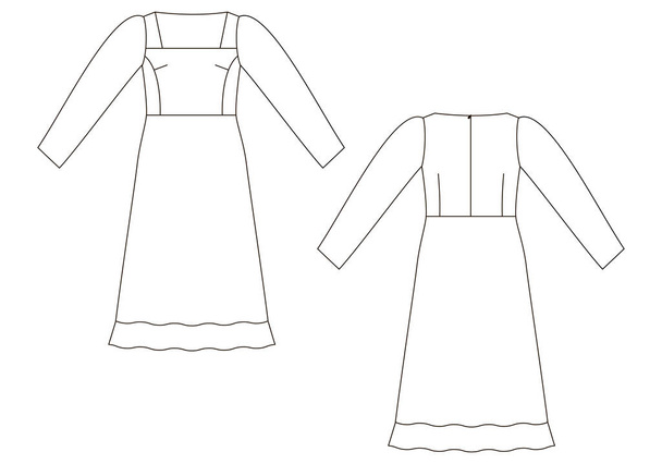 technische schets van maxi lengte jurk. Achter- en vooraanzicht - Vector, afbeelding
