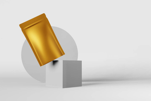 Золотий металевий мішок макет брендингу балансування білого фону 3D рендерингу. Упаковка для товарів геометричний дизайн Упаковка для кавових зерен для кави Шаблон продукту для чаю. Продаж магазину демонстрація
 - Фото, зображення